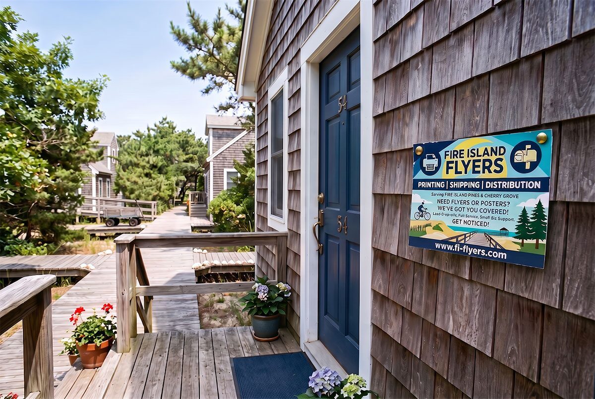A Fire Island Flyers sign mounted beside the blue front door of a cedar-shingle beach cottage on the Pines boardwalk