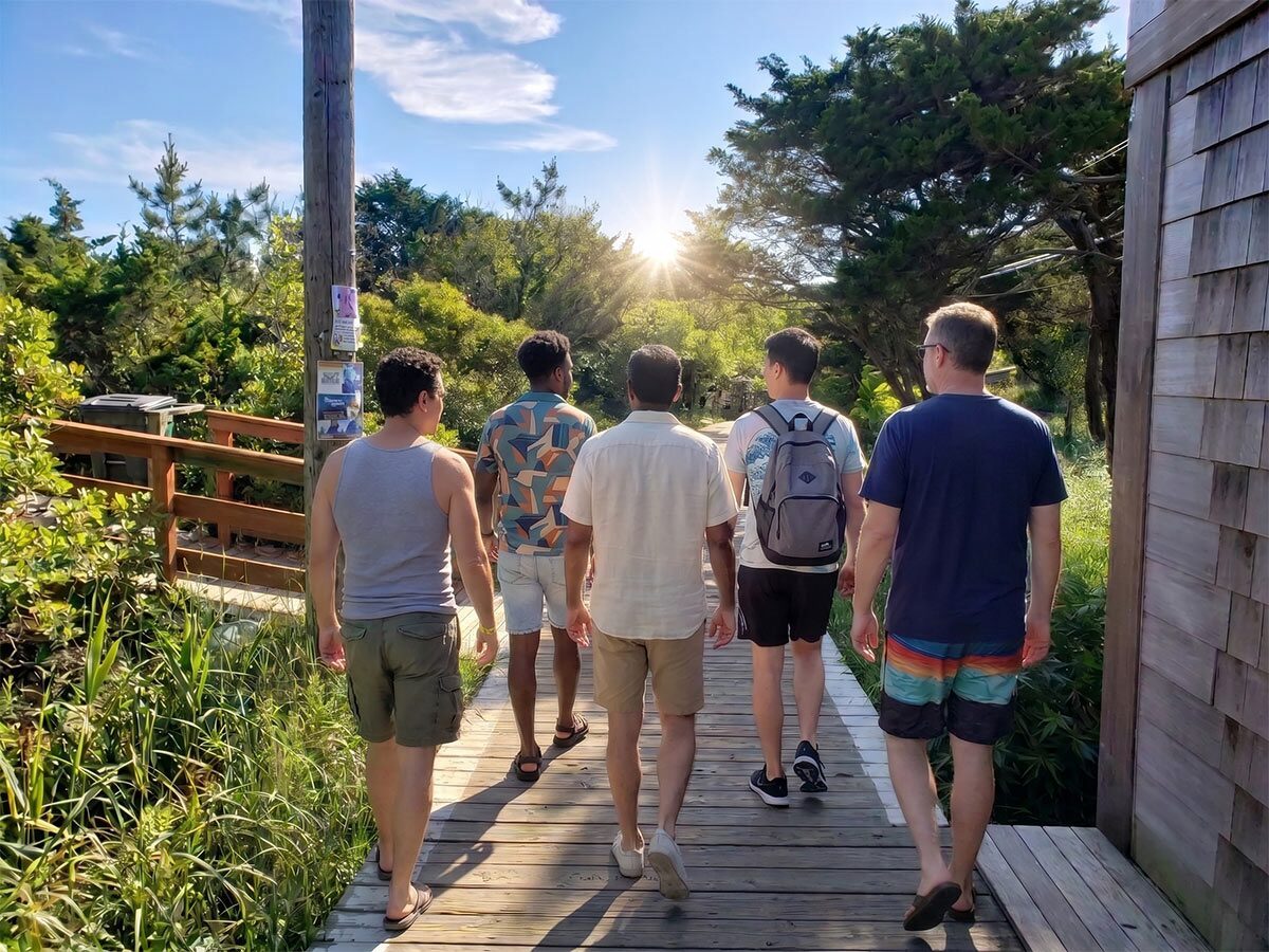A group of people walking a sunlit Fire Island Pines boardwalk past a flyer posted on a wooden pole